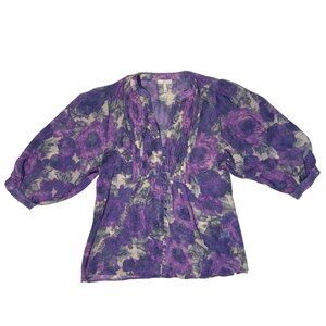 Joie Datev Purple Floral Pintuck Button Down Silk Blouse Size Small